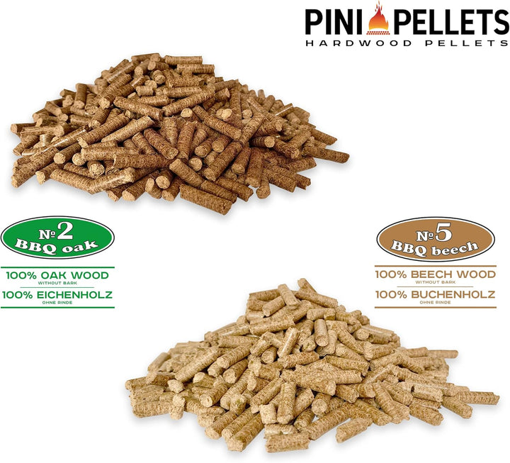 PINI Hartholz Pellets Eiche 15 Kg + Buche 15 Kg für Grill, Smoker, Pizzaofen und Heizungsanlagen