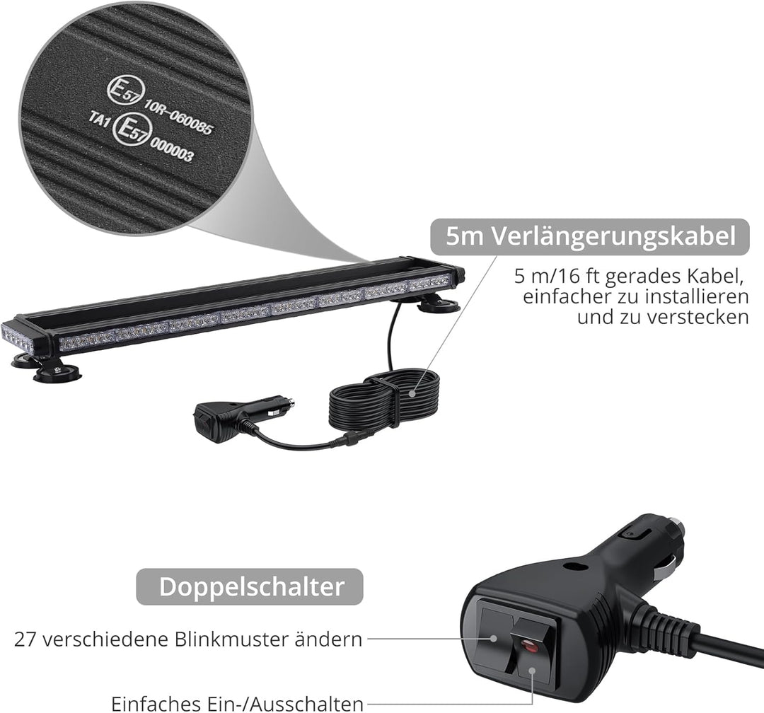 Justech 108 LED Auto Warnbalken Notblitzleuchte Magnetische Warnlicht Doppelschalter 12/24V 27 Blink