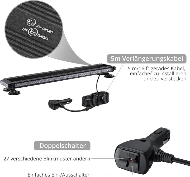 Justech 108 LED Auto Warnbalken Notblitzleuchte Magnetische Warnlicht Doppelschalter 12/24V 27 Blink