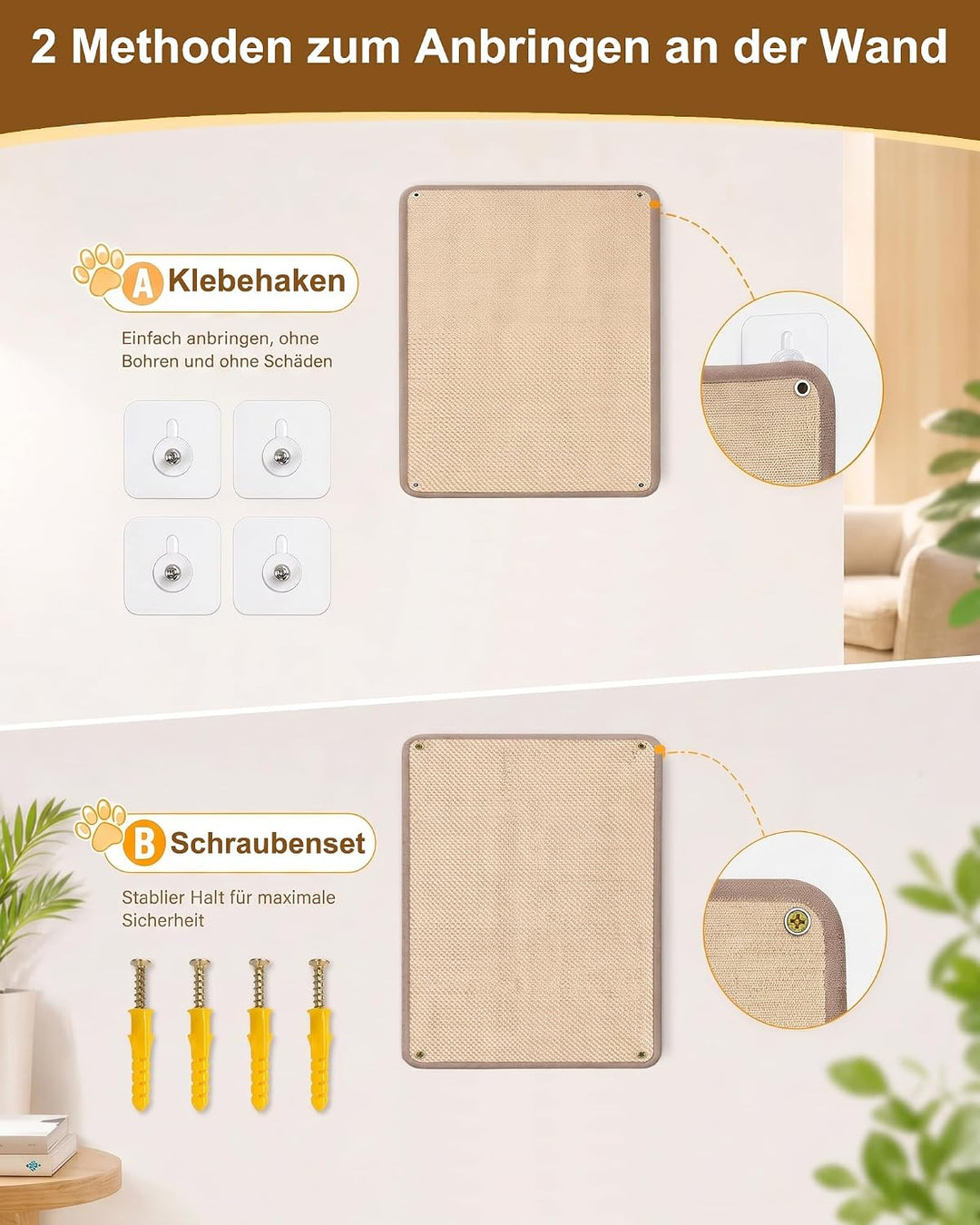 Kratzmatte Katze Wand 2 Stück 40 x 60 cm – Verstärkte Sisal Kratzmatte | Kratzbrett Katze Wandmontag
