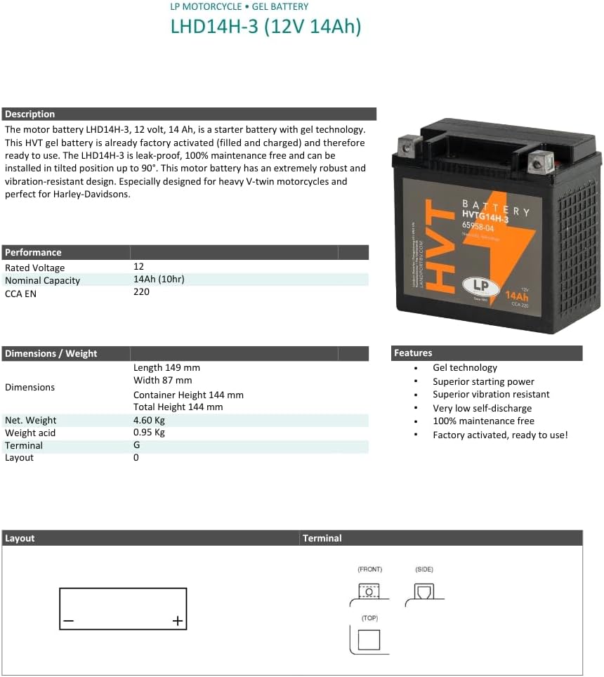 Landport Motorradbatterie Gel GHD14H-3 (YHD14HL-BS) 12v 14ah CCA 220A