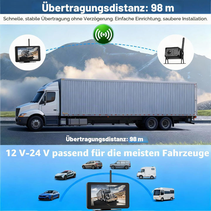 SIXWIN Kabelloses Rückfahrkamera-Set, 7 Zoll Touchscreen Monitor mit 1 IP68 Kabelloser Rückfahrkamer
