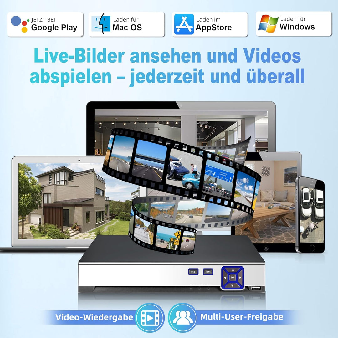 4K Überwachungskamera Aussen Set, 4CH POE mit 1TB HDD, Netzwerk Videorecorder für CCTV Kamerasystem