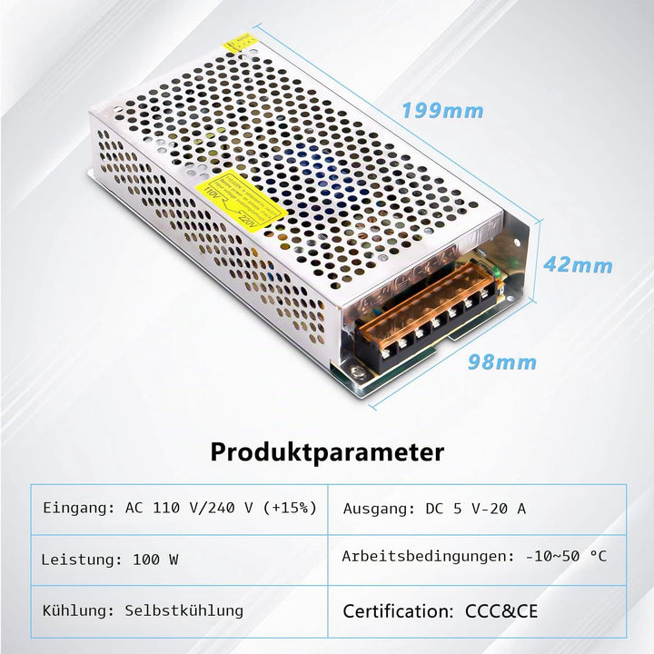 ANGEEK 5V 20A 100W DC Schaltnetzteil AC 110V/220V auf DC-5V Netzteil, Transformator mit konstanter S