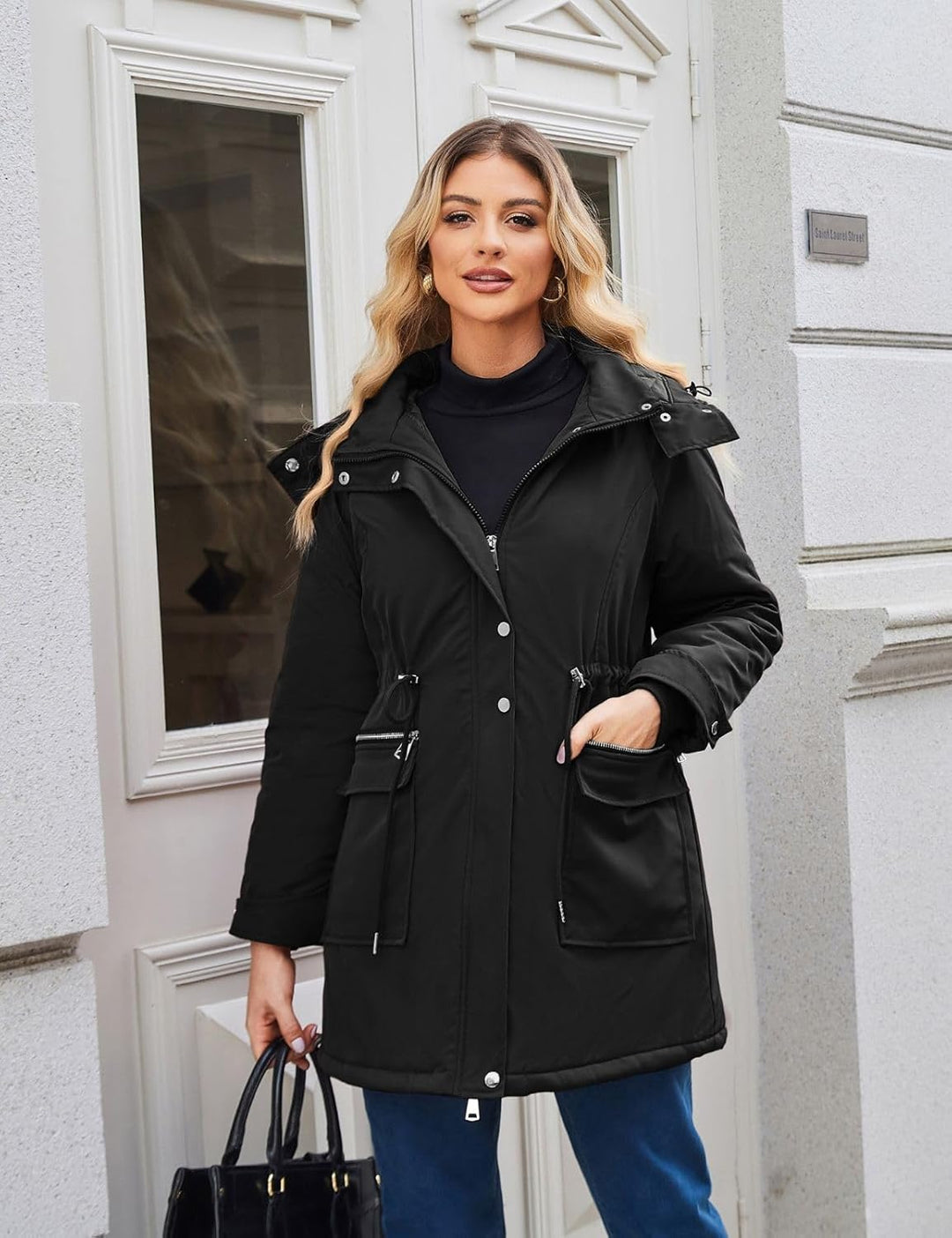 Maacie Umstands Baumwolljacke 3 in 1 Winter Langer Puffer Daunenjacke Parka mit Kapuze mit Taschen W