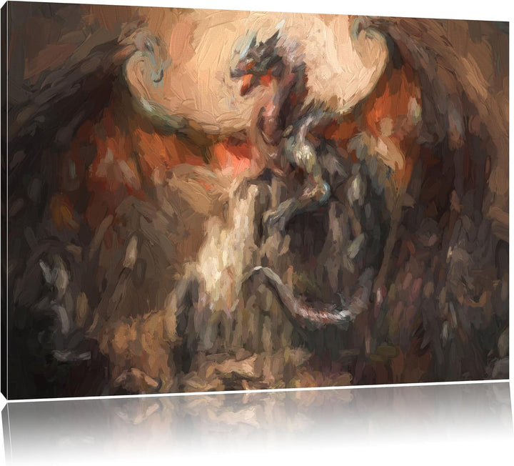 Pixxprint Drache schützend über Burg als Leinwandbild/Grösse: 100x70 cm/Wandbild/Kunstdruck/fertig b