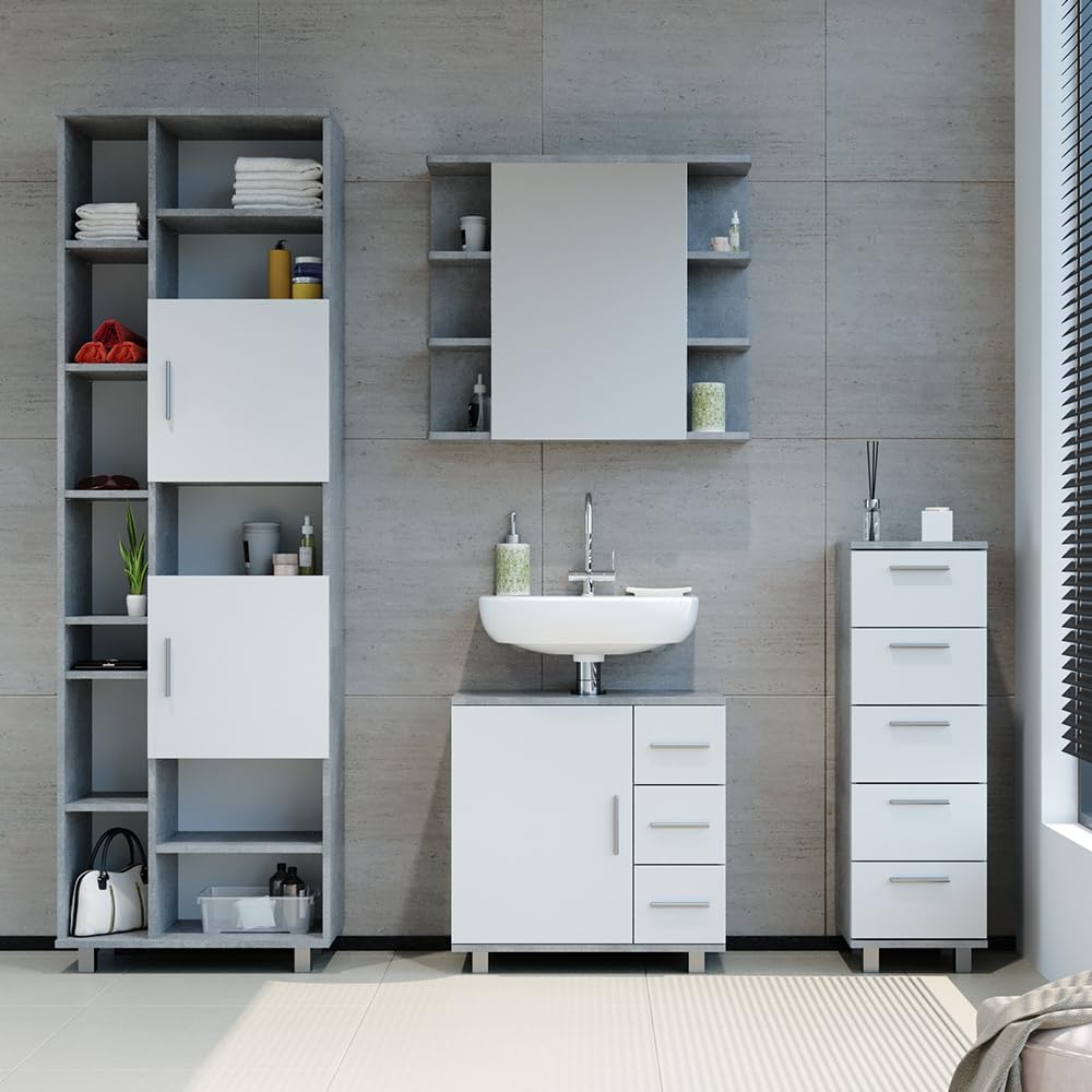 Vicco Badschrank Ilias, Beton/Weiss, 30 x 95 cm, Beton