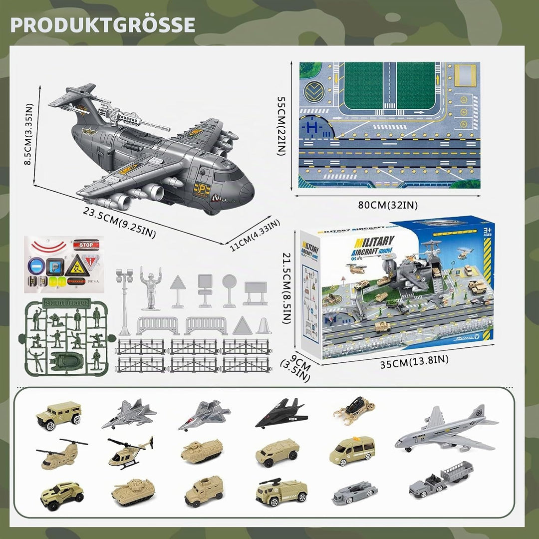 Militär Transport Fracht Flugzeug Militärflugzeug Autos Spielzeug mit Fahrzeug Soldaten Hubschrauber