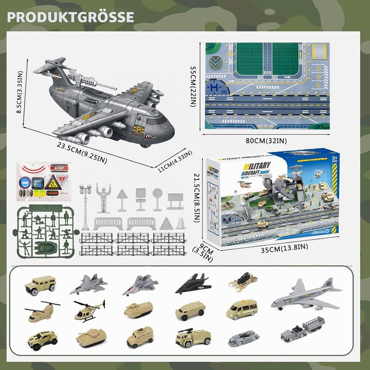 Militär Transport Fracht Flugzeug Militärflugzeug Autos Spielzeug mit Fahrzeug Soldaten Hubschrauber
