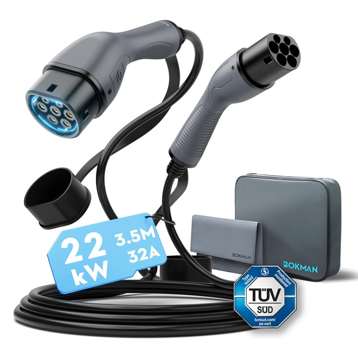 bokman Typ 2 Ladekabel, 22kW / 32A / 3-Phasig / 3,5 Meter/Modus 3, Typ 2 auf Typ 2 EV Ladekabel für