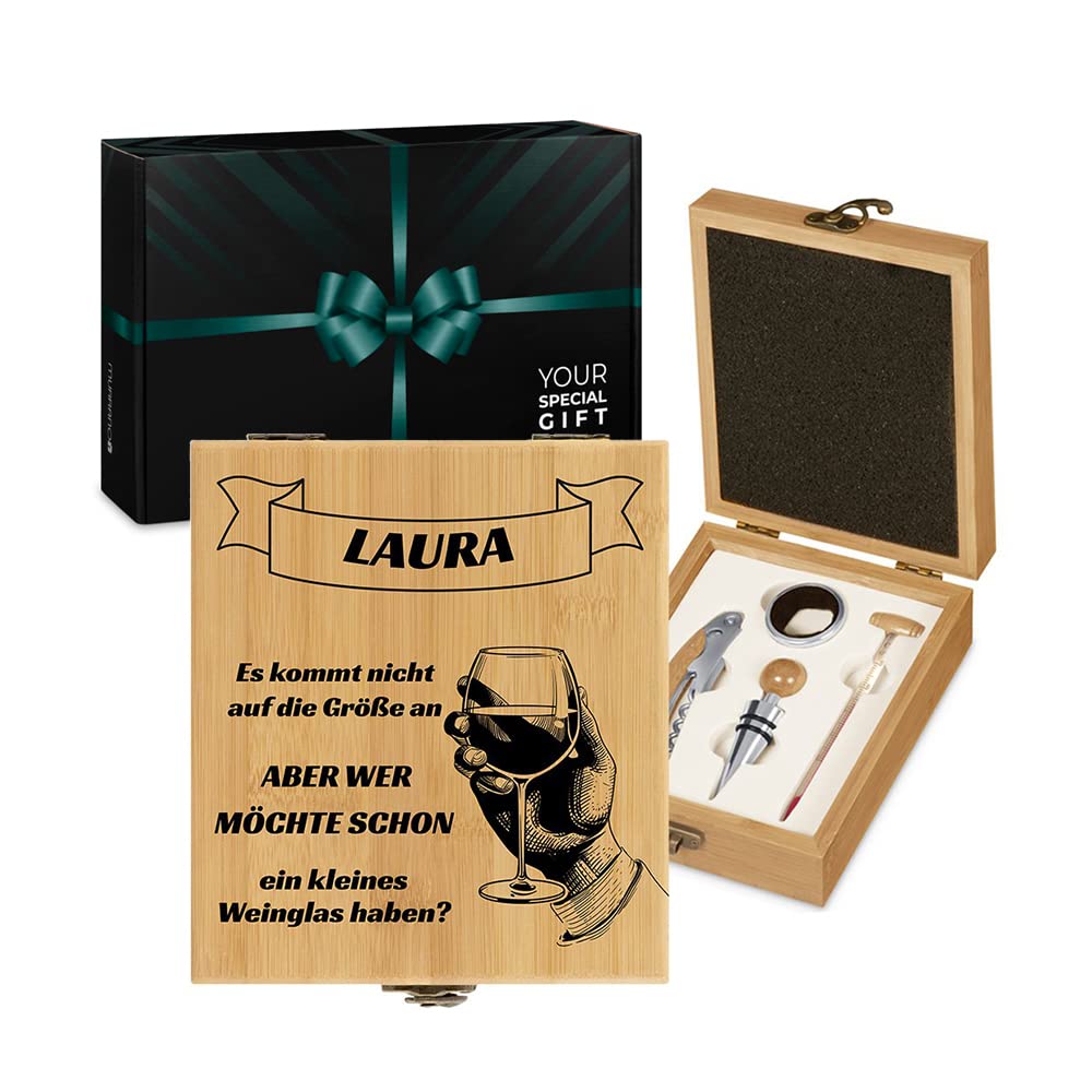 Maverton Weinöffner-Set personalisiert Weinset Sommelier Set - Geschenkbox Holzbox + 4er Weinzubehör
