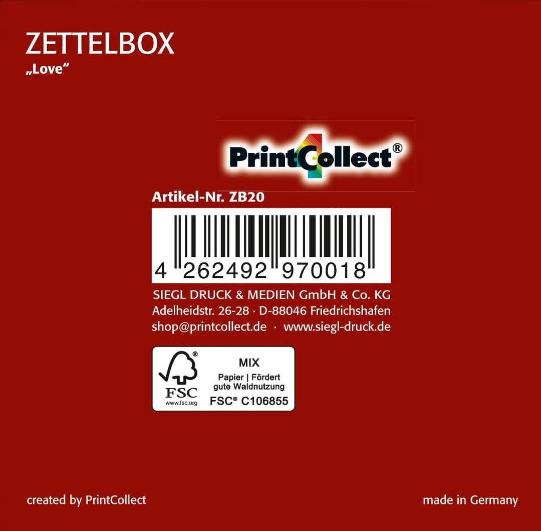 Zettelbox „Love“ mit Stiftehalter, stabil verarbeiteter 400g-Hartkarton, bunte Notizzettel kärtchenä