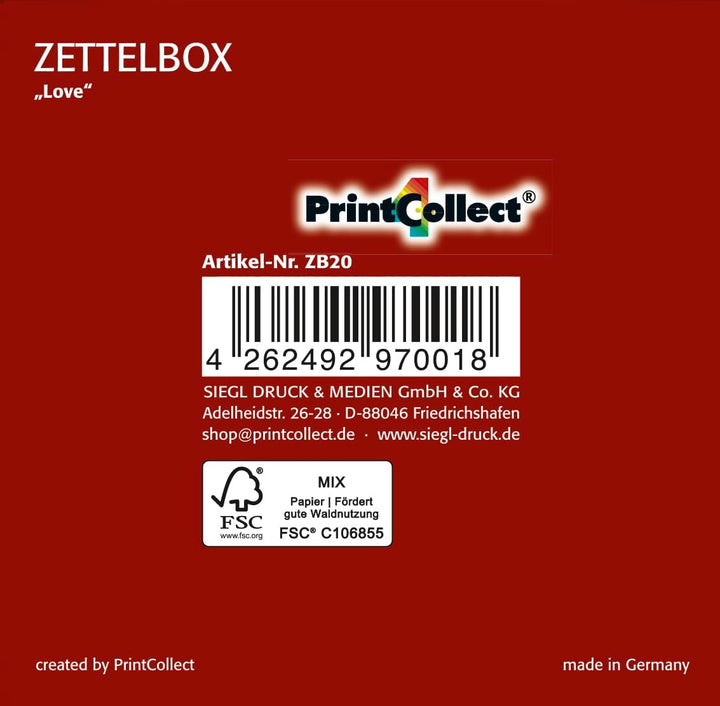 Zettelbox „Love“ mit Stiftehalter, stabil verarbeiteter 400g-Hartkarton, bunte Notizzettel kärtchenä