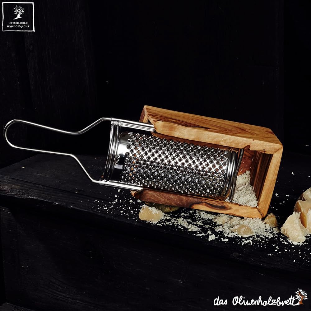 DAS OLIVENHOLZBRETT® Parmesan-Reibe mit Auffang-Behälter aus Olivenholzholz, 2teilig incl Reibe:19cm