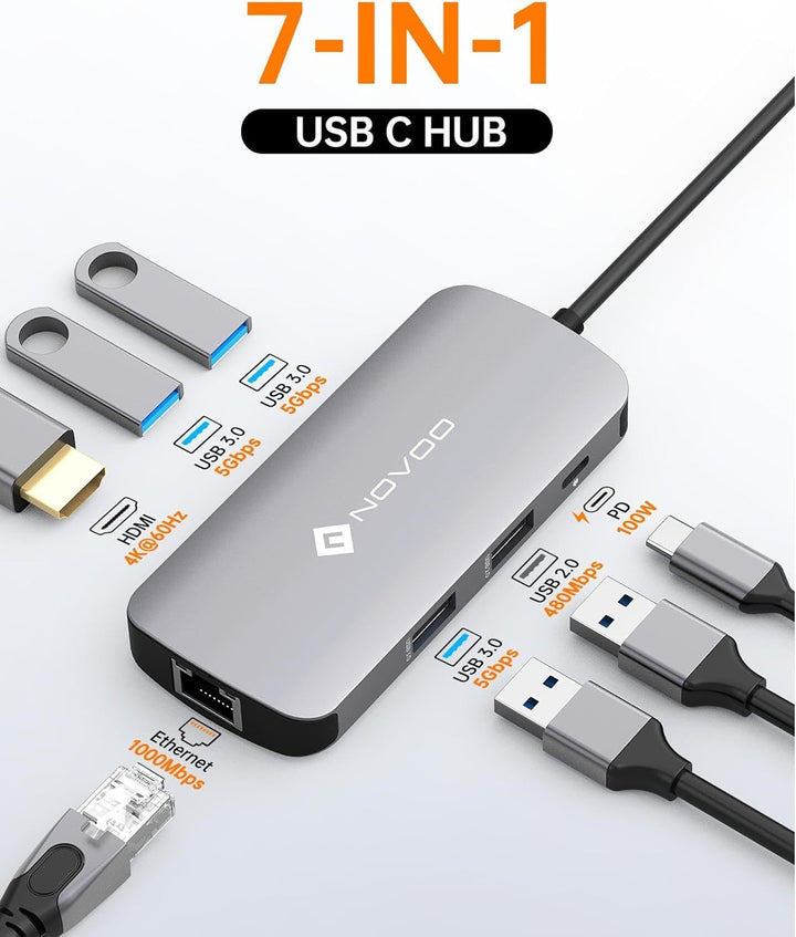 NOVOO Mulitport Adapter USB C auf Ethernet, 7 in 1 Hub USB C auf HDMI 4K, 100 W PD Ladeanschluss, US