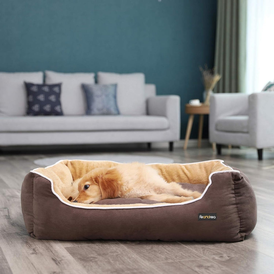 Feandrea Luxus Hundebett, weiches Hundekorb, L, mit abnehmbarem Kissen, 90 x 25 x 75 cm, braun und b