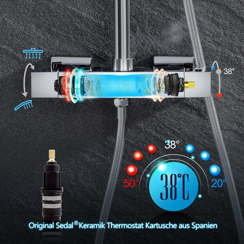 JOHO Thermostat Duschset Duschsystem Regendusche Duschgarnitur Duscharmatur mit 304 Edelstahl Kopfbr