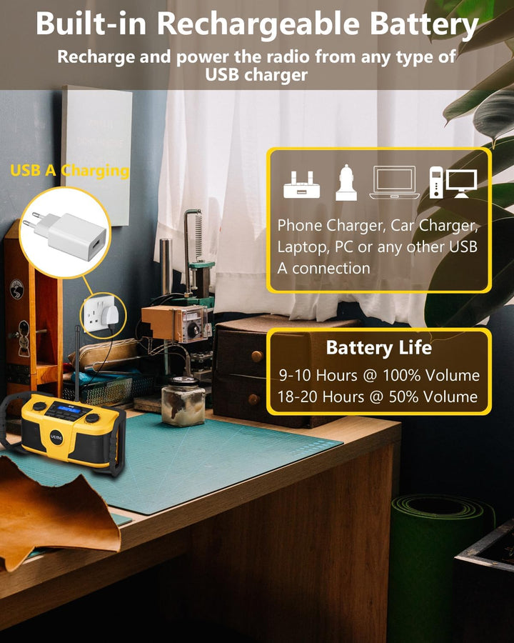 UEME DAB Plus Radio Baustellenradio Mit Akku,Outdoor Radio Mit Bluetooth, DAB+, FM Und Aux, Inklusiv