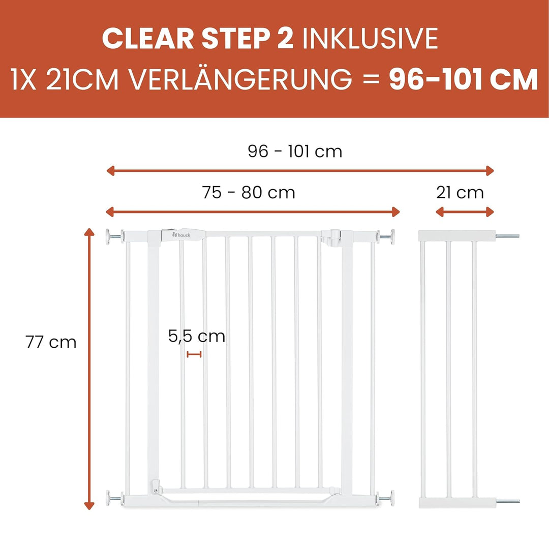 Hauck Treppenschutzgitter Türschutzgitter Clear Step 2 inkl. 21 cm Verlängerung für Breiten 96-101 c