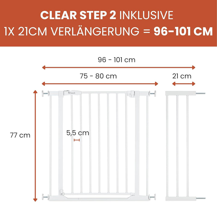 Hauck Treppenschutzgitter Türschutzgitter Clear Step 2 inkl. 21 cm Verlängerung für Breiten 96-101 c