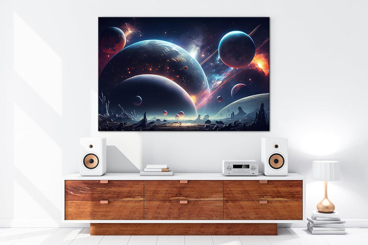 Leinwandbild Ein Baum und Planeten leuchten im klaren Nachthimmel Format: 60x40 cm XXL Kunstdruck Bi