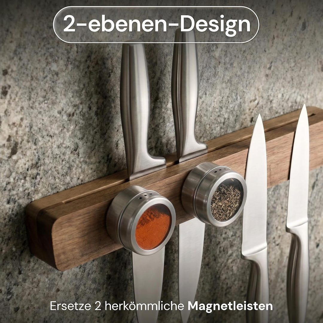 Magnetleiste Messer (41×7 cm) aus edlem aus Akazienholz – Messerhalter magnetisch für schwere Messer