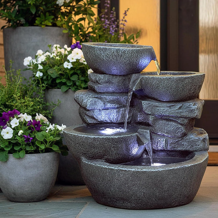 Arnusa Gartenbrunnen Cascades mit LED Beleuchtung Innen und Aussen Springbrunnen Zimmerbrunnen kompl