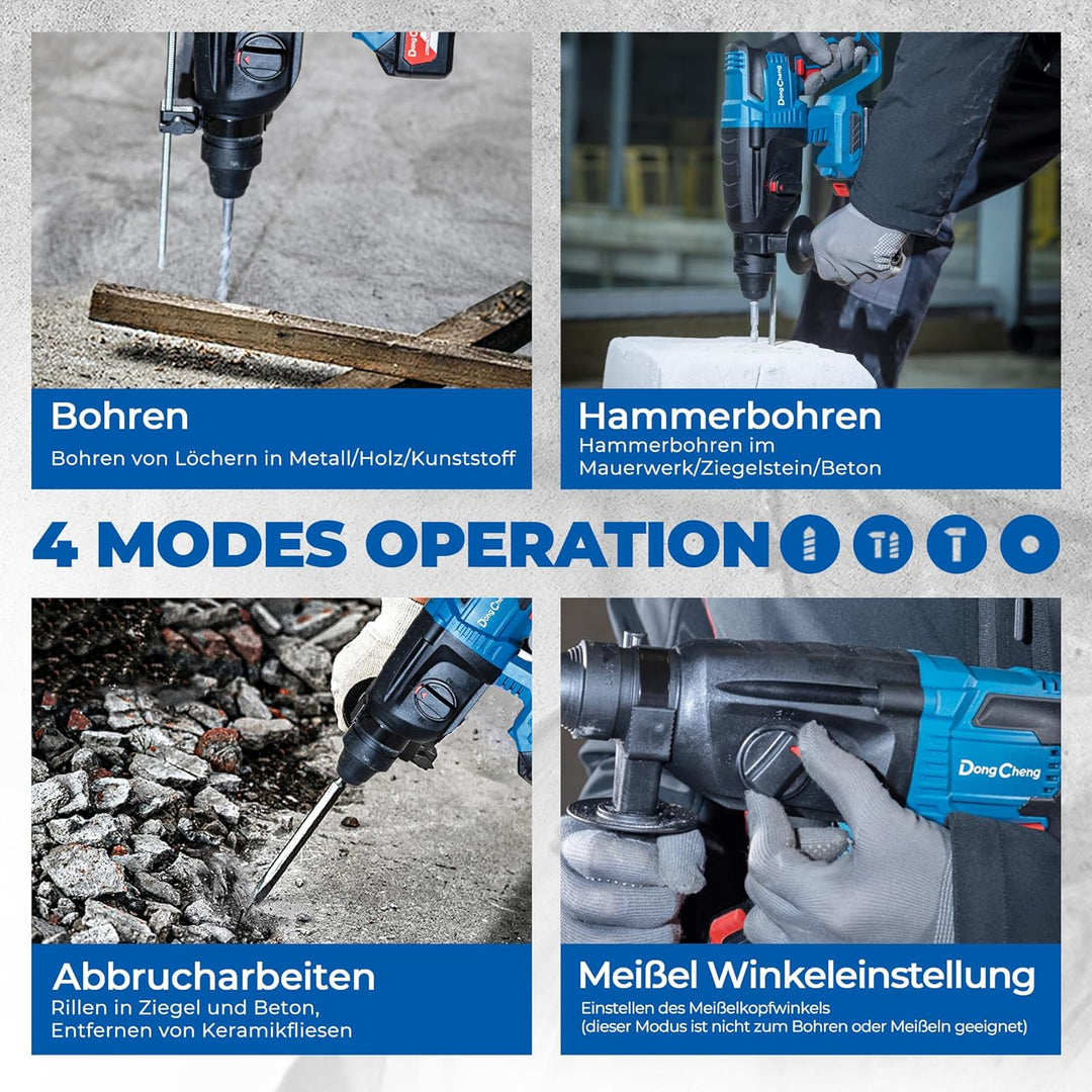 DongCheng Akku Bohrhammer 18V, Schlagenergie 2.7 J, mit 4 Stück SDS-plus, Bohren bis 28 mm, Bürstenl