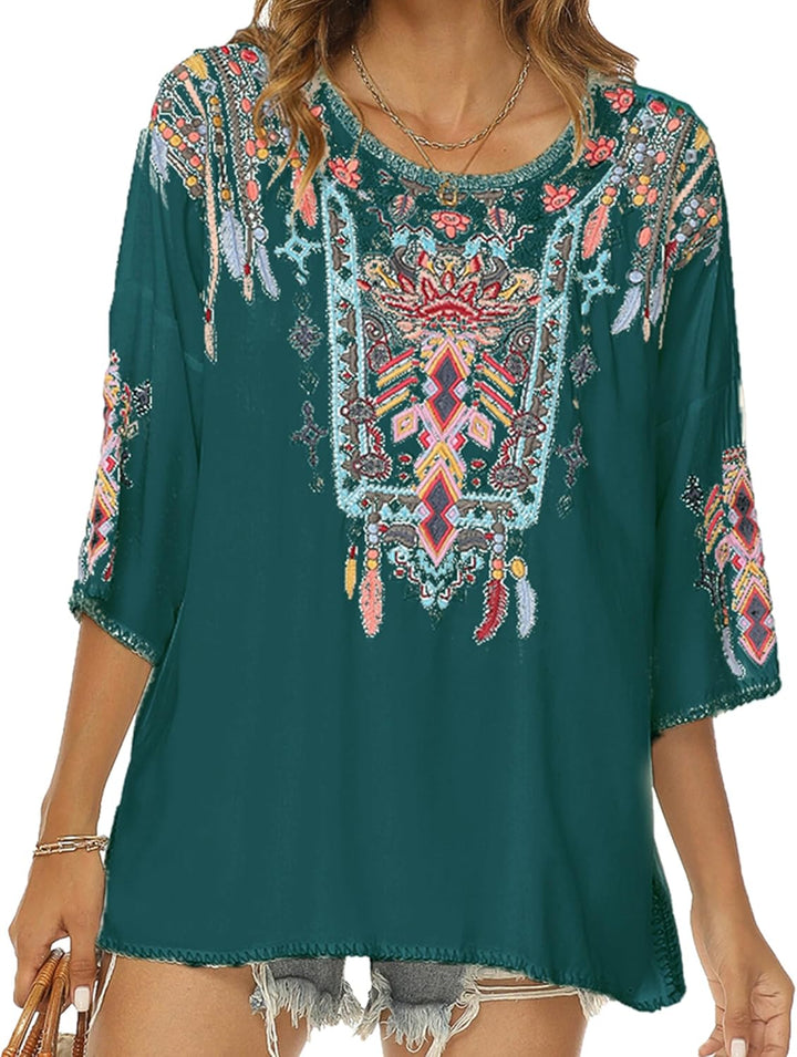 Vakakado Boho Stickerei Bluse Hippie Kleidung Damen 70er 80er Jahre Bekleidung Bohemian Folklore Bes