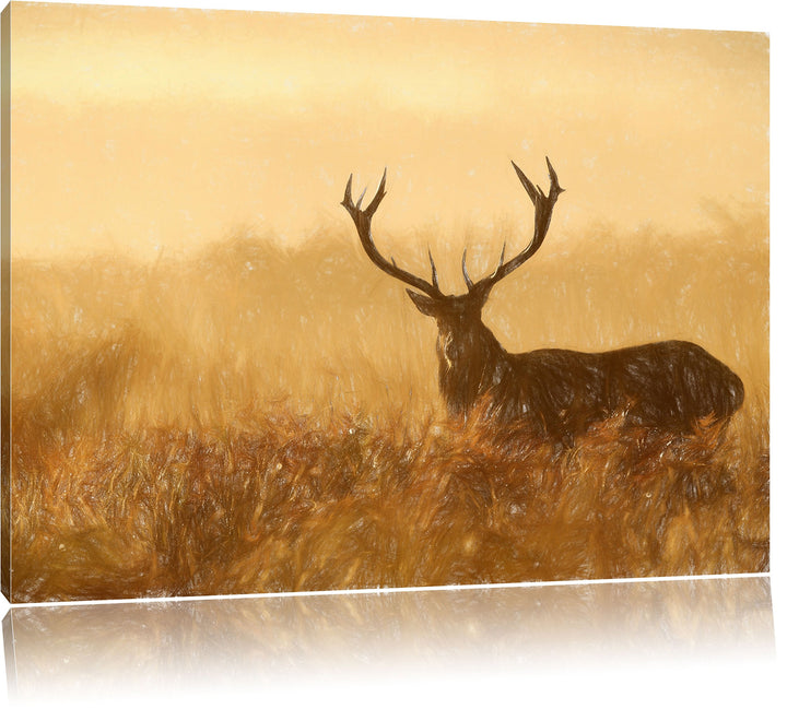 Pixxprint Rotwild Hirsch in Abenddämmerung Kunst Buntstift Effekt, Format: 100x70 auf Leinwand, 100x
