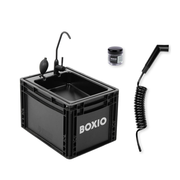 BOXIO - WASH Plus: Mobiles 40x30 Spülbecken Komplettset: Campingdusche + Reinigungsperlen + Spiegel,