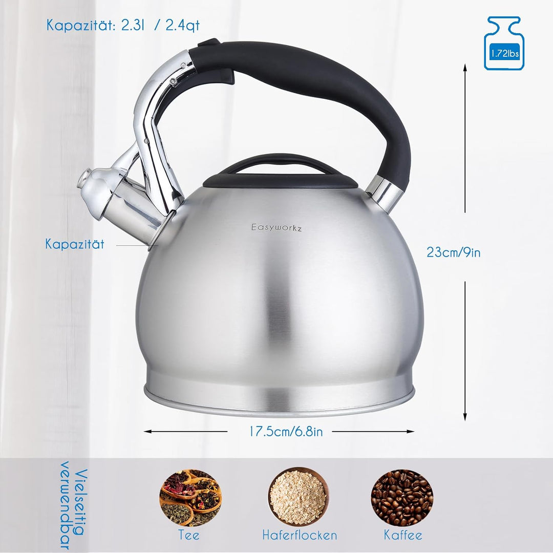 Easyworkz Wasserkessel Induktion Pfeifkessel aus Edelstahl, 2,3 l Teekessel für alle Kochplatten, Fl