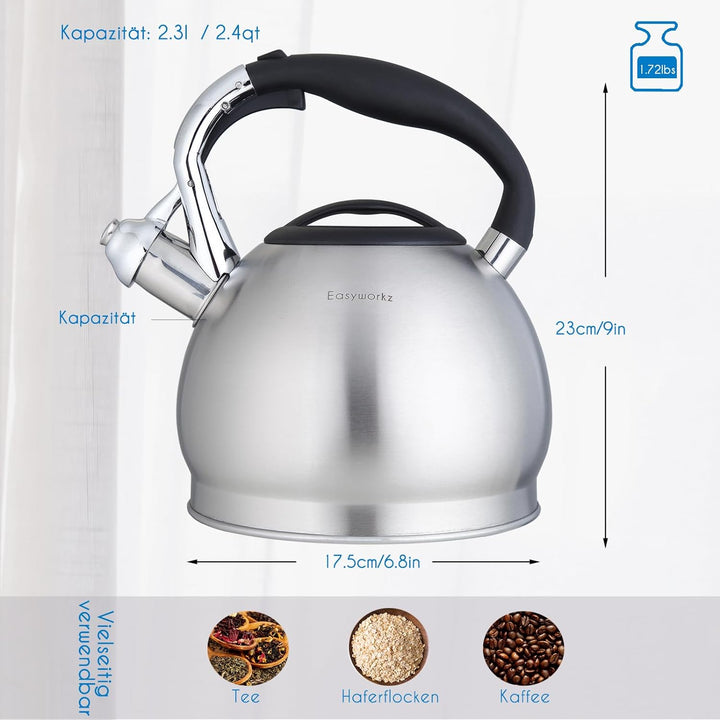 Easyworkz Wasserkessel Induktion Pfeifkessel aus Edelstahl, 2,3 l Teekessel für alle Kochplatten, Fl