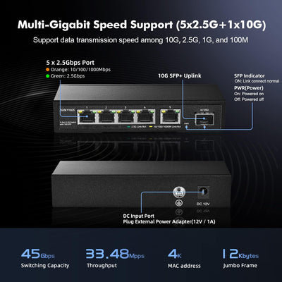 YuLinca 5 Port 2.5G Netzwerk-Switch mit 10G SFP, 5 x 2.5GBASE-T Ports, Kompatibel mit 10/100/1000Mbp