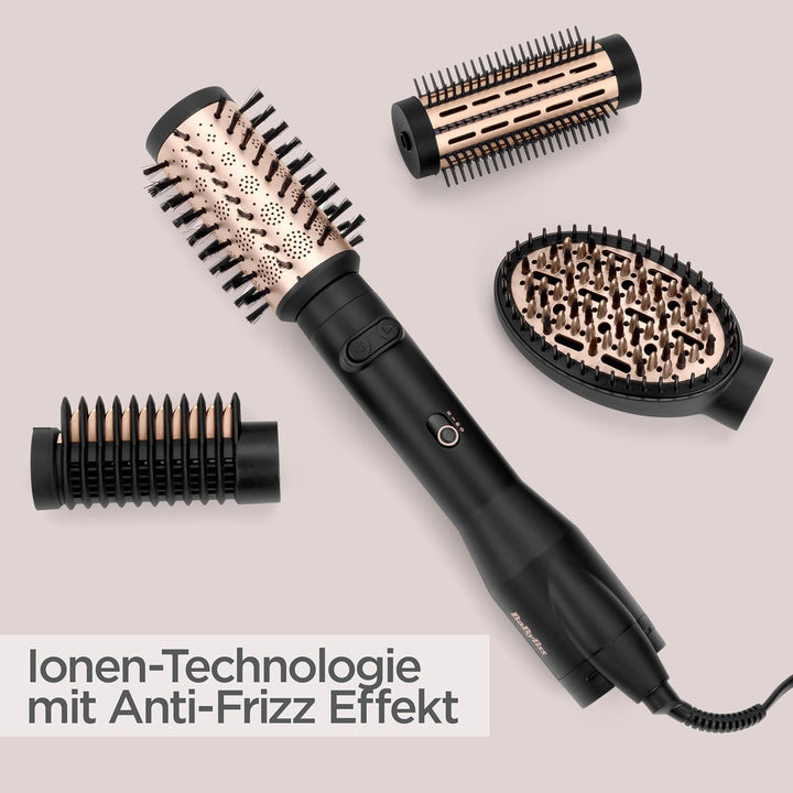 BaByliss Big Hair Luxe Rotierende Warmluftbürste, Föhnbürste mit 4 Aufsätzen zum Glätten, Bürsten un