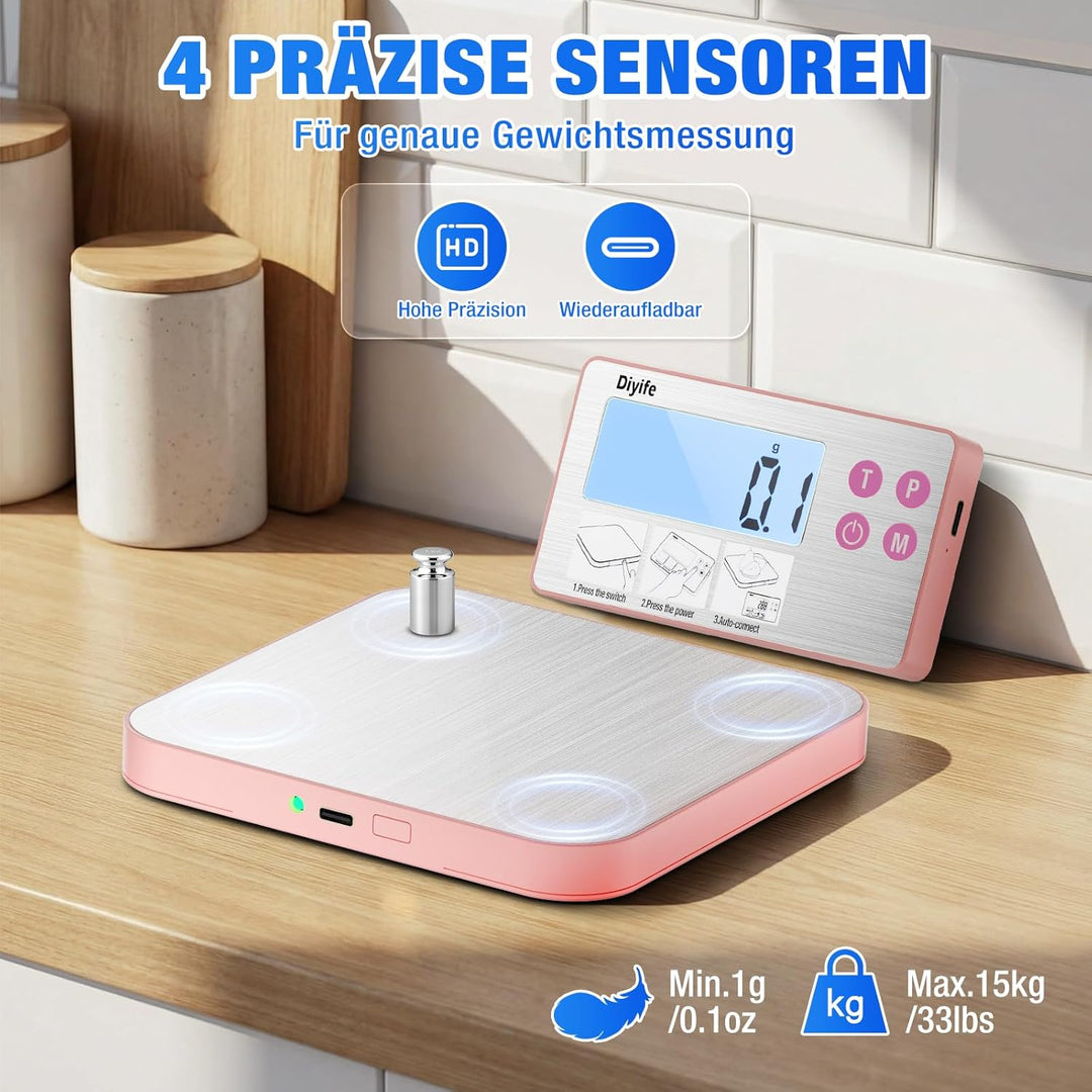 Diyife Neue 304 Edelstahl-Küchenwaage mit geteiltem Design, 15 kg Tragkraft, hintergrundbeleuchtetes