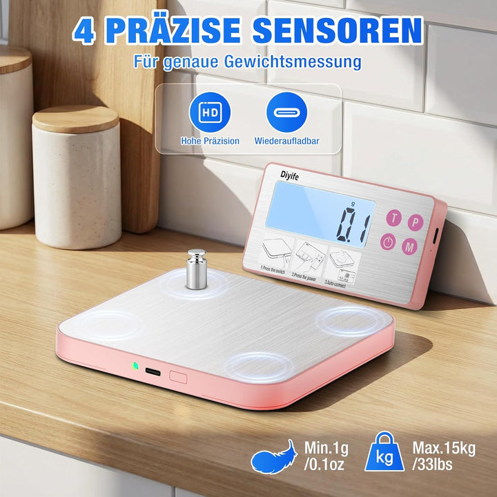 Diyife Neue 304 Edelstahl-Küchenwaage mit geteiltem Design, 15 kg Tragkraft, hintergrundbeleuchtetes