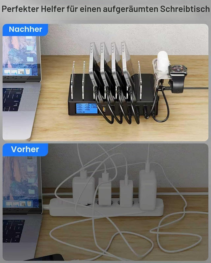 245W Ladestation für Mehrere Geräte, 7-Port USB Ladestation Handy Ladestation mit LCD-Anzeige mit 7