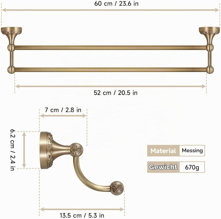 Handtuchhalter, 60 cm Doppel Handtuchstange aus Messing, Antik Handtuchhalter mit Wandmontage - Hand