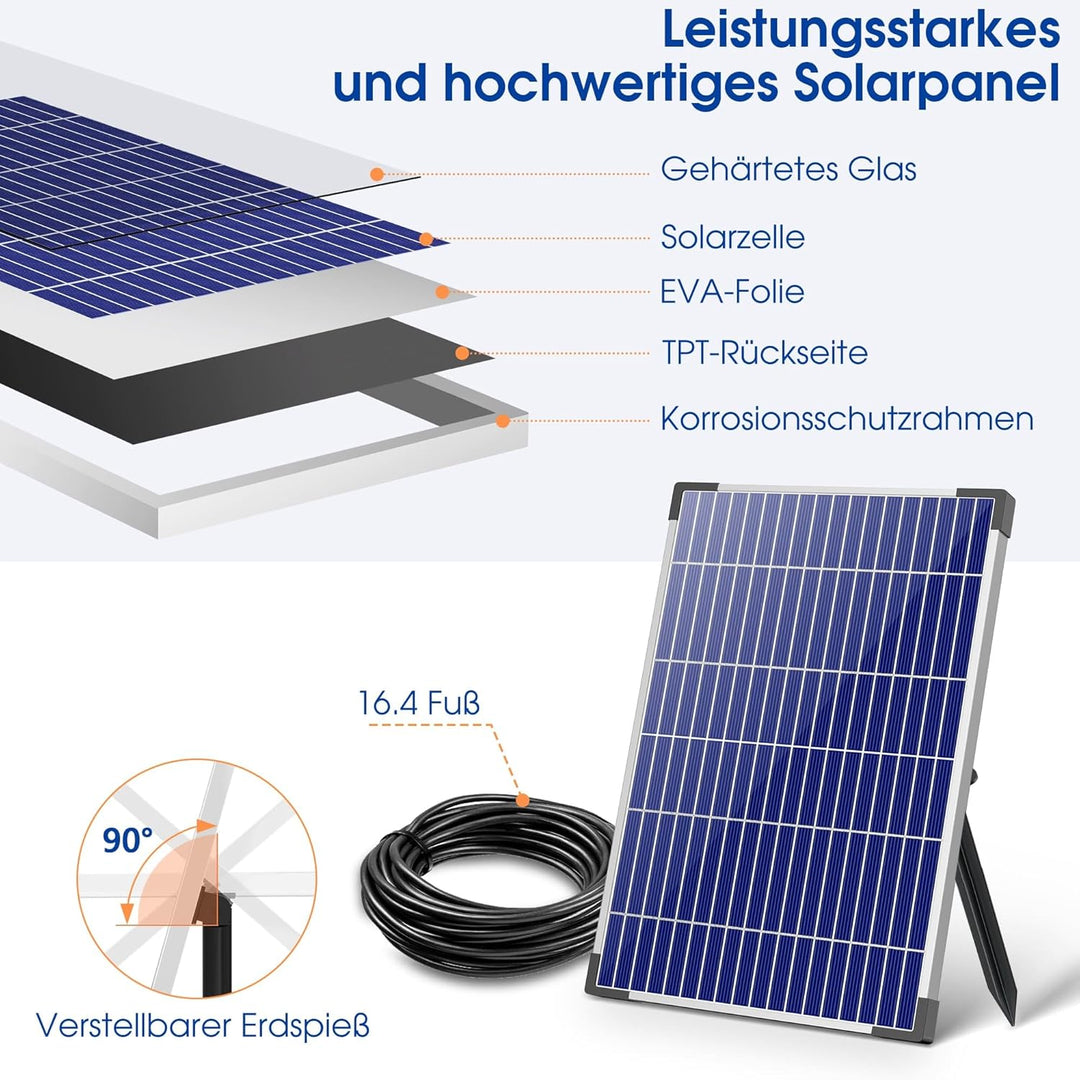 Biling Solar Springbrunnen für Aussen, 12W Solar Teichpumpe 605L/H Leise mit 4 Düsen und Schlauch, S
