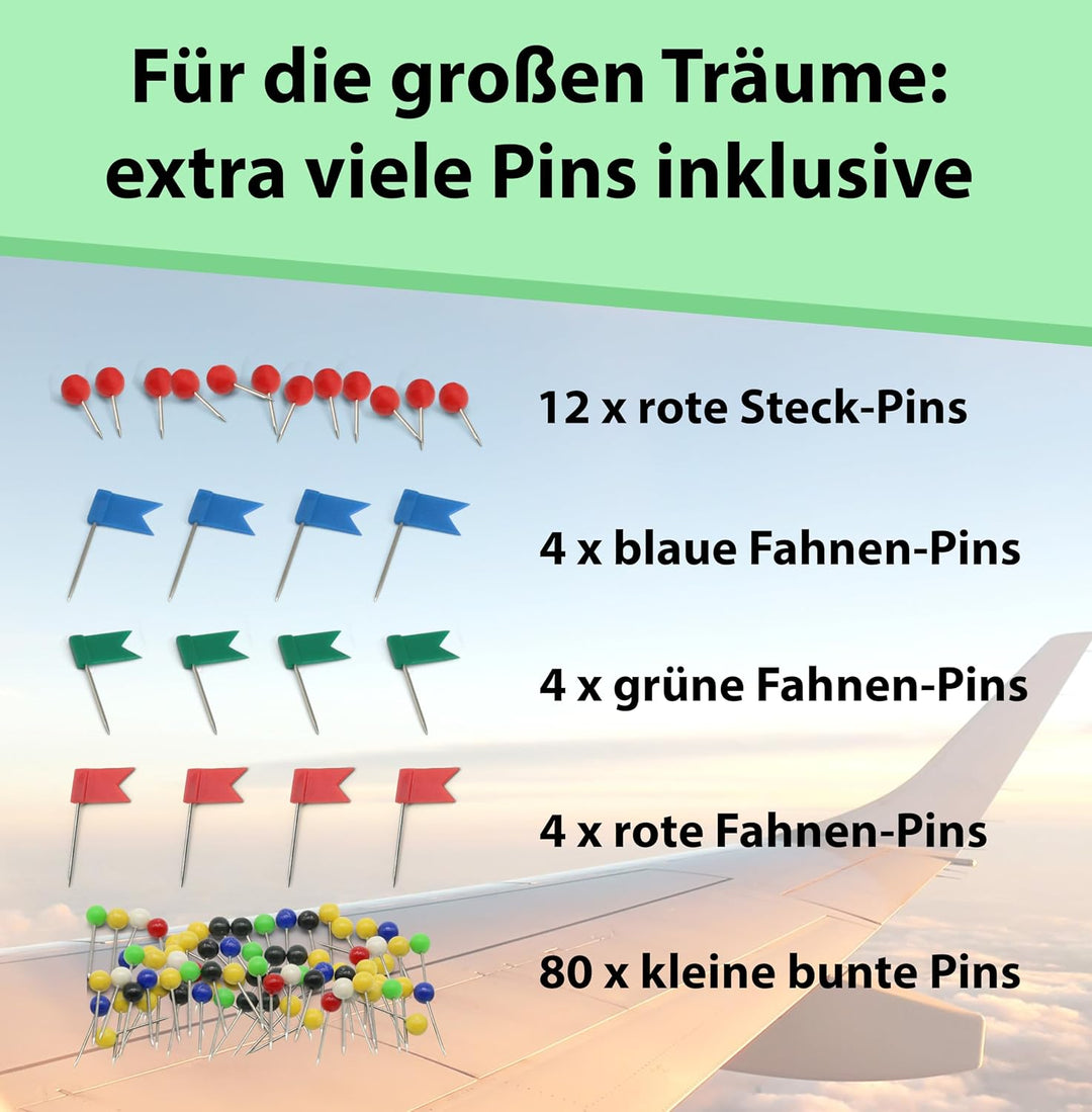 Grosser Korkglobus 33cm hoch mit 104 unterschiedlichen Pinnadeln - grosser drehbarer Globus aus Kork