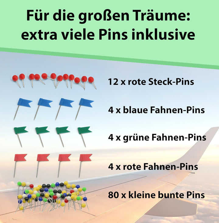 Grosser Korkglobus 33cm hoch mit 104 unterschiedlichen Pinnadeln - grosser drehbarer Globus aus Kork