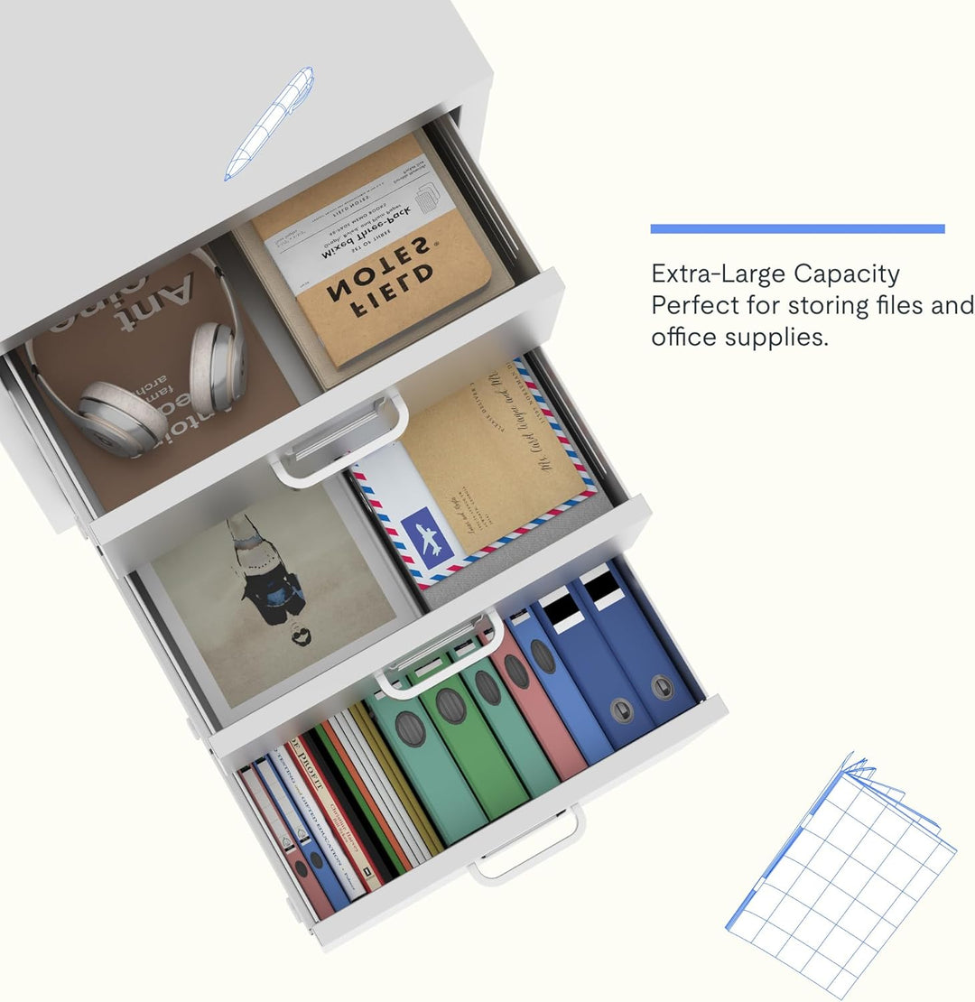 FLEXISPOT Rollcontainer Büroschrank mit 3 Schubladen, Aktenschrank Metallschrank Kommode mit Rädern,
