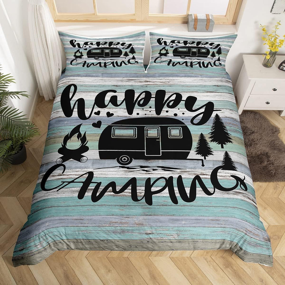 Camper Bettwäsche Set 220 x 240 Teenager Happy Camping Bettbezug rustikaler Bauernhaus Stil Skizzenz