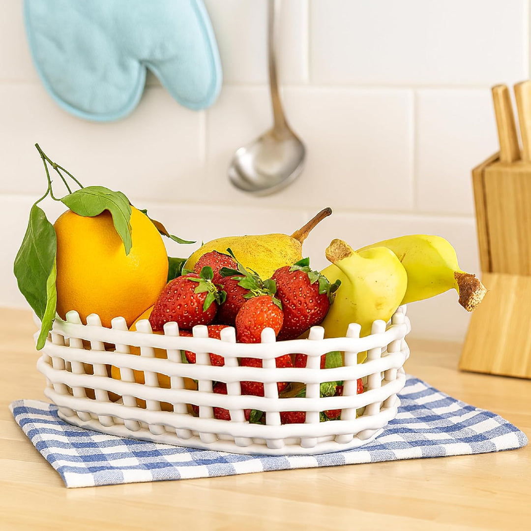 Baroni Home Mehrzweckkorb aus Keramik, Obstkorb, Tischdeko, Taschenleerer, rechteckig, weiss, 25 x 1