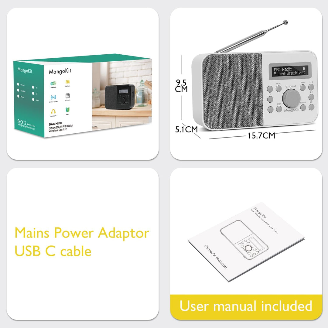MangoKit PR2S Tragbares DAB+ Digitalradio,Küchen-FM-Radio,Bluetooth-Lautsprecher,Persönliches DAB-Ra