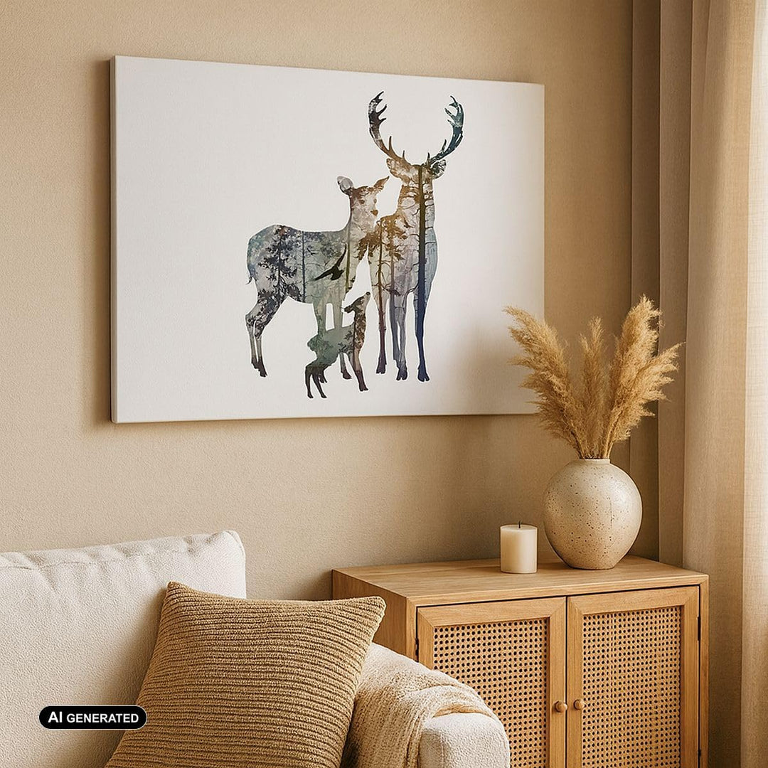 Bilder auf Leinwand 100x70cm Leinwandbild Deer Familie Wildheit Illustration Gross Wanddeko Bild Sch