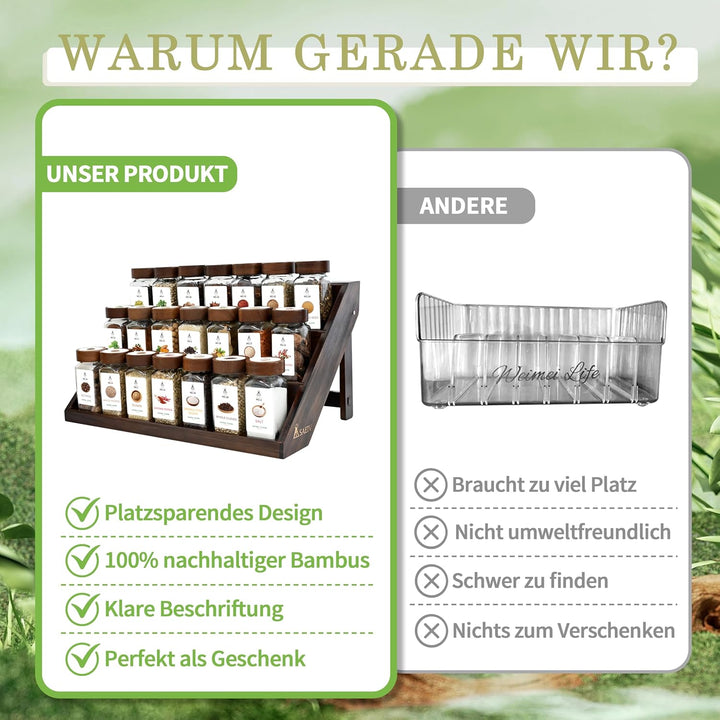 Gewürzregal Schublade mit 2-in-1 Akazien Gewürzregal Holz (FCM®) – 21x120ml Gewürzgläser Eckig, 120