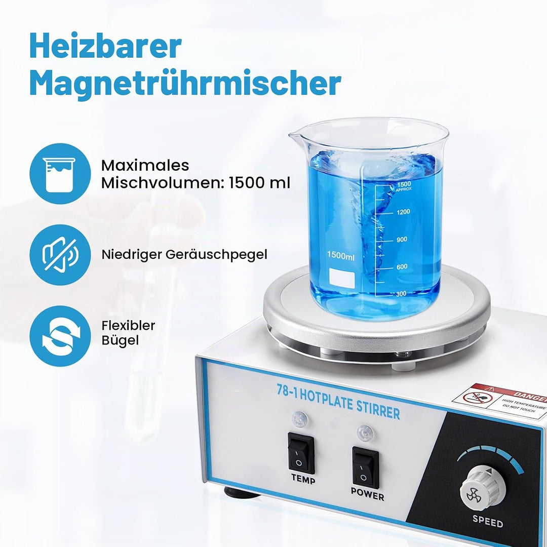 1.5L Magnetrührer mit Heizplatte, 100-2600 rpM 280°C 120mm mit PT1000-Sensor Biegbare Halterung, Mag
