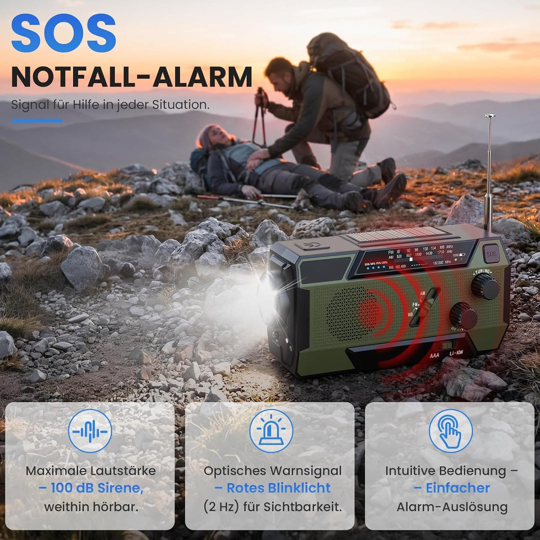 Kurbelradio Notfallradio 4000mAh (14800 mWh) Akku, Powerbank mit 3 integrierten Kabeln, Radio mit Ku